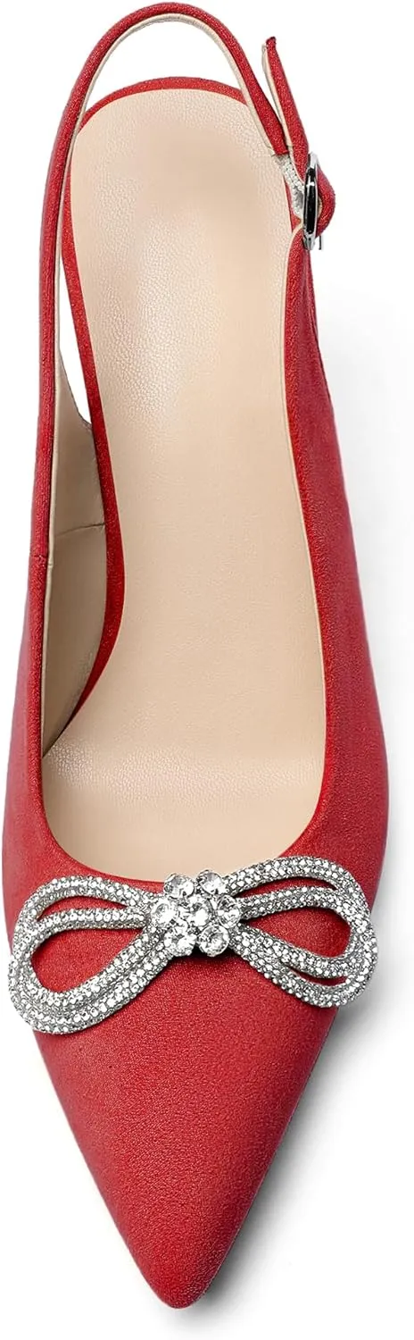 Soireelady Women's Slingback High Heels Rhinestones Bow Closed pointed Toe Ankle Strap Slim Thin Heel Pumps for Wedding Evening Party Dress Shoes 3.5 Inches