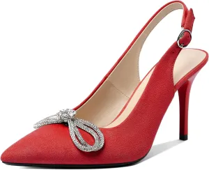 Soireelady Women's Slingback High Heels Rhinestones Bow Closed pointed Toe Ankle Strap Slim Thin Heel Pumps for Wedding Evening Party Dress Shoes 3.5 Inches