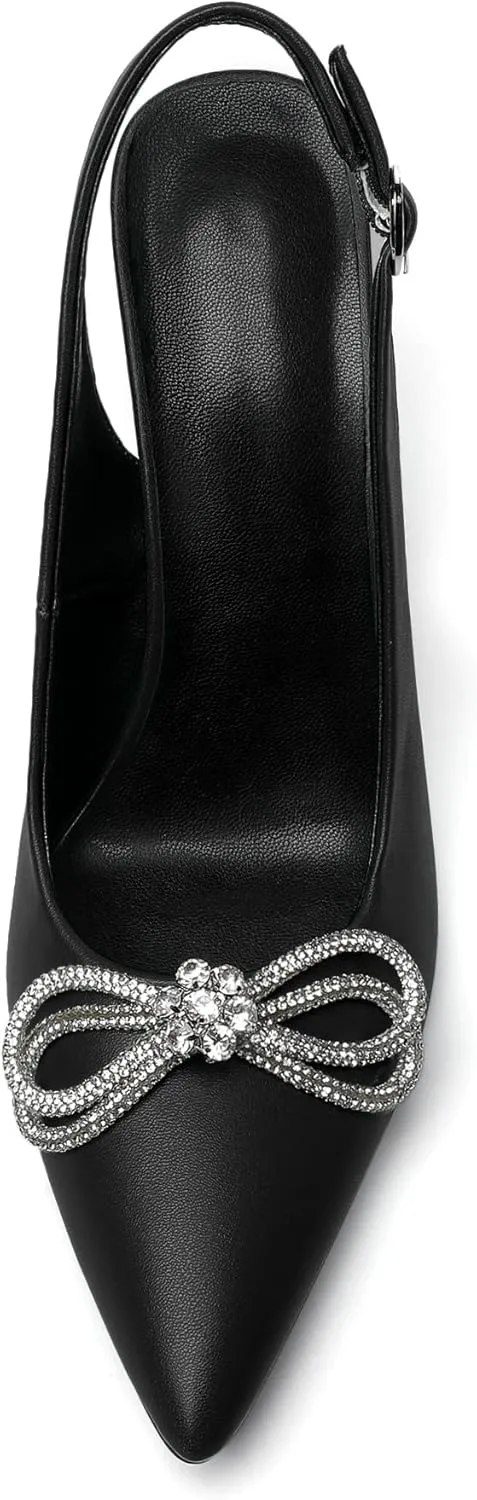 Soireelady Women's Slingback High Heels Rhinestones Bow Closed pointed Toe Ankle Strap Slim Thin Heel Pumps for Wedding Evening Party Dress Shoes 3.5 Inches