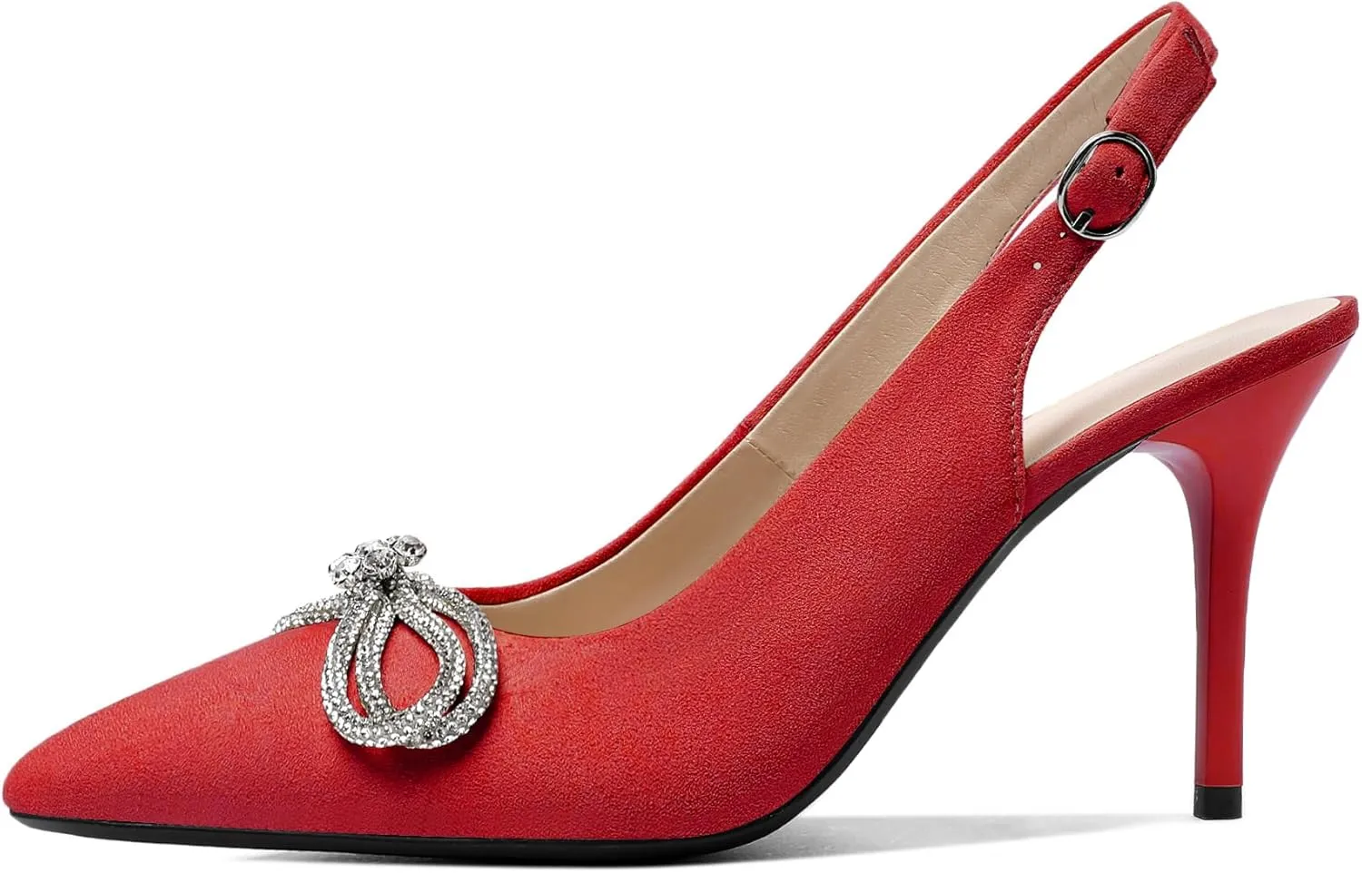 Soireelady Women's Slingback High Heels Rhinestones Bow Closed pointed Toe Ankle Strap Slim Thin Heel Pumps for Wedding Evening Party Dress Shoes 3.5 Inches