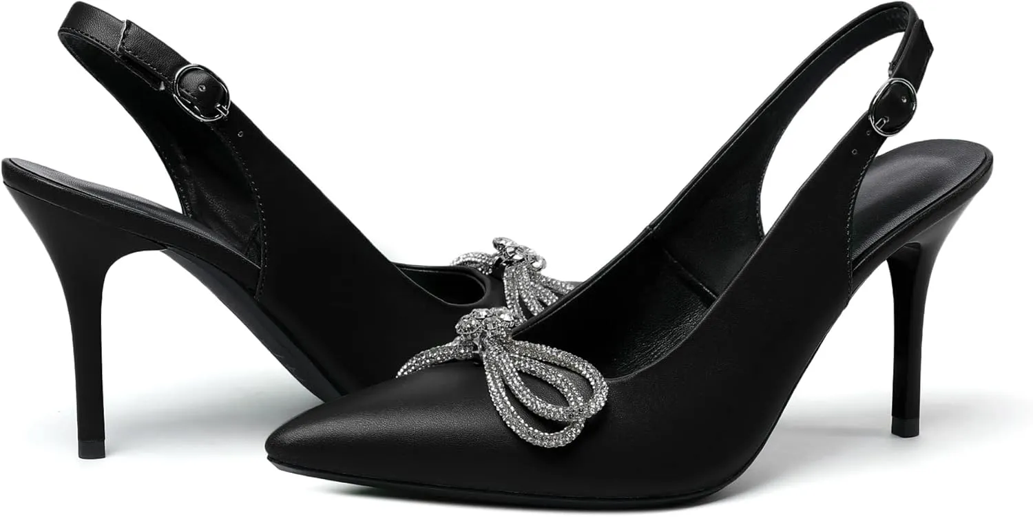 Soireelady Women's Slingback High Heels Rhinestones Bow Closed pointed Toe Ankle Strap Slim Thin Heel Pumps for Wedding Evening Party Dress Shoes 3.5 Inches