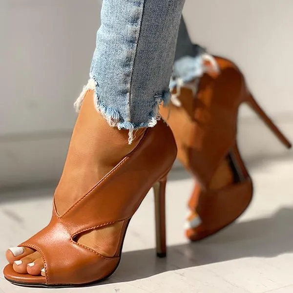 Solid Peep Toe Cut Out PU Thin Heels