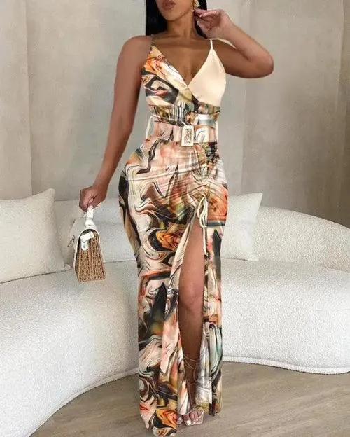 Summer Fashion Tie Dye Print High Slit Drawstring