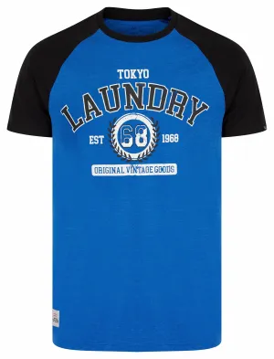 Summit Baseball Style Raglan Sleeve Crew Neck T-Shirt in Mid Blue Marl - Tokyo Laundry