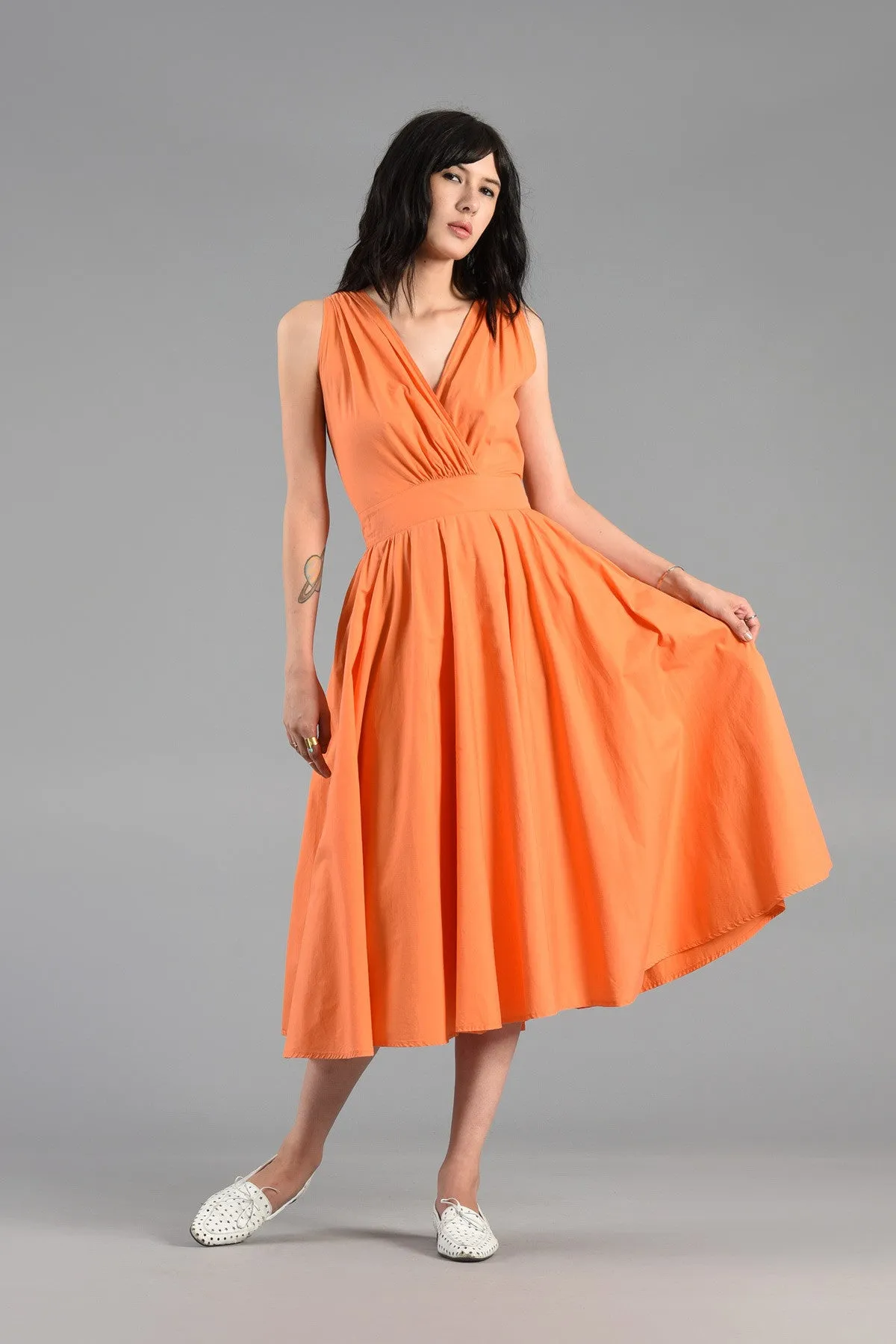Tangerine Cotton Day Dress with Plunging Button Back