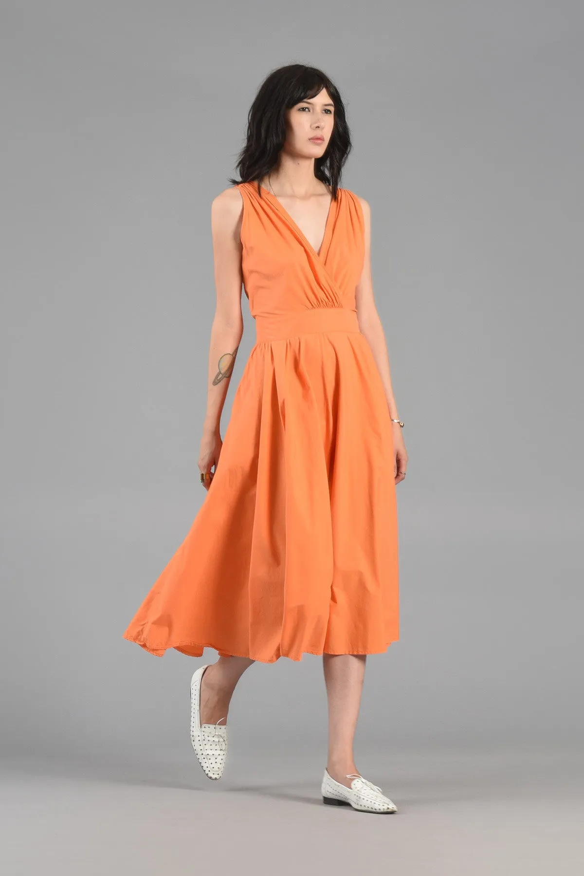 Tangerine Cotton Day Dress with Plunging Button Back