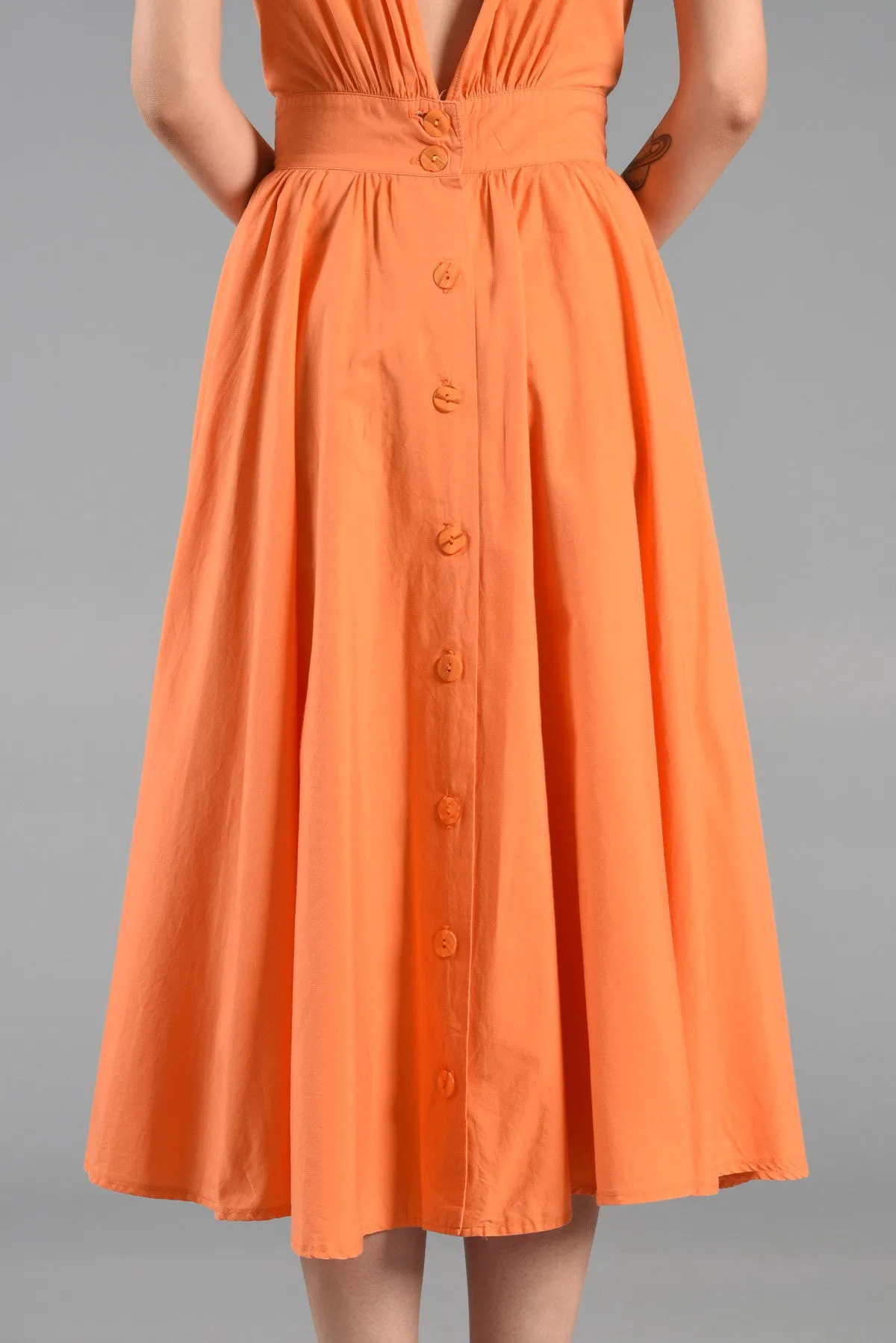 Tangerine Cotton Day Dress with Plunging Button Back