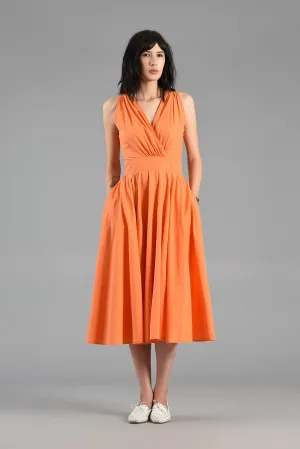 Tangerine Cotton Day Dress with Plunging Button Back