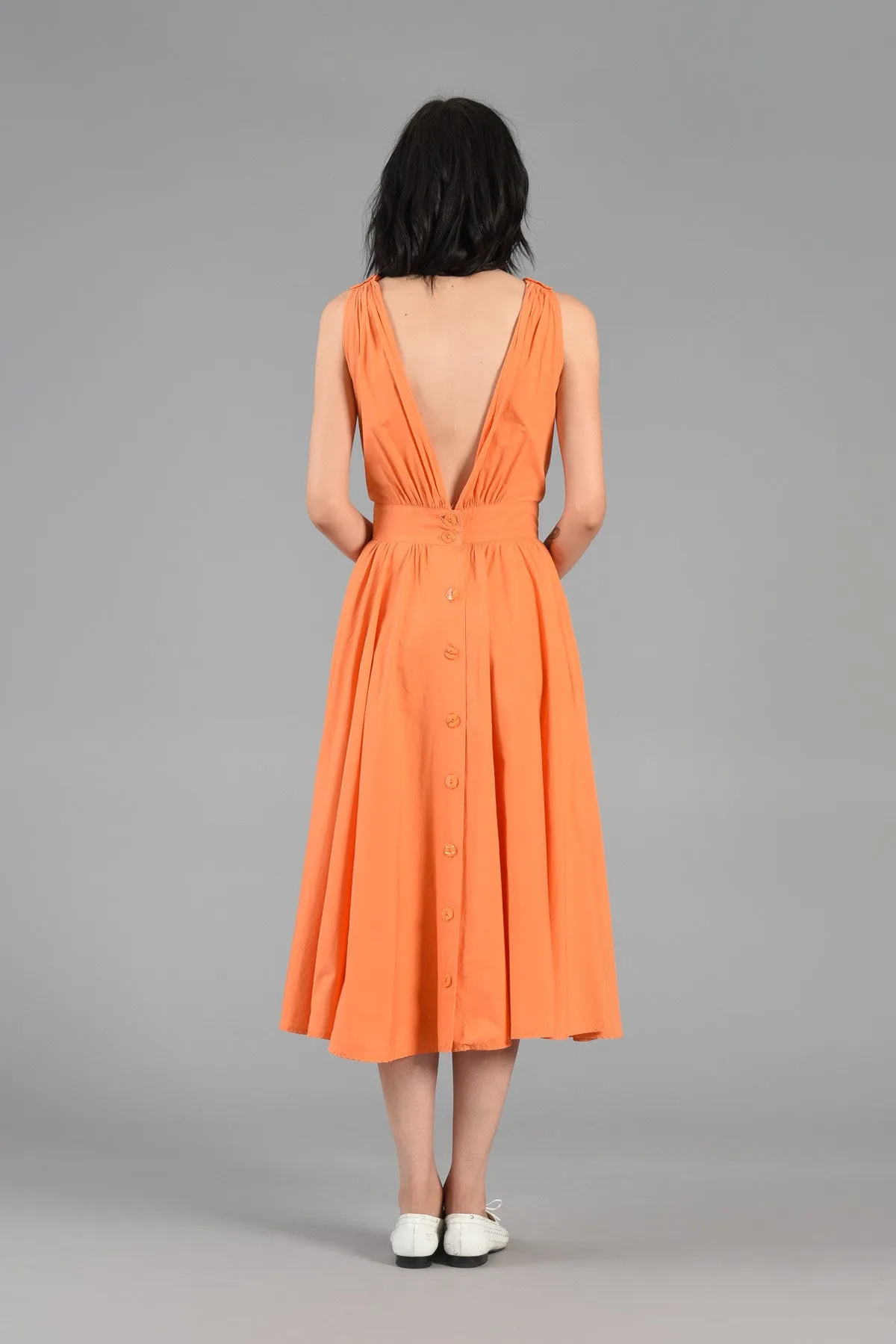 Tangerine Cotton Day Dress with Plunging Button Back