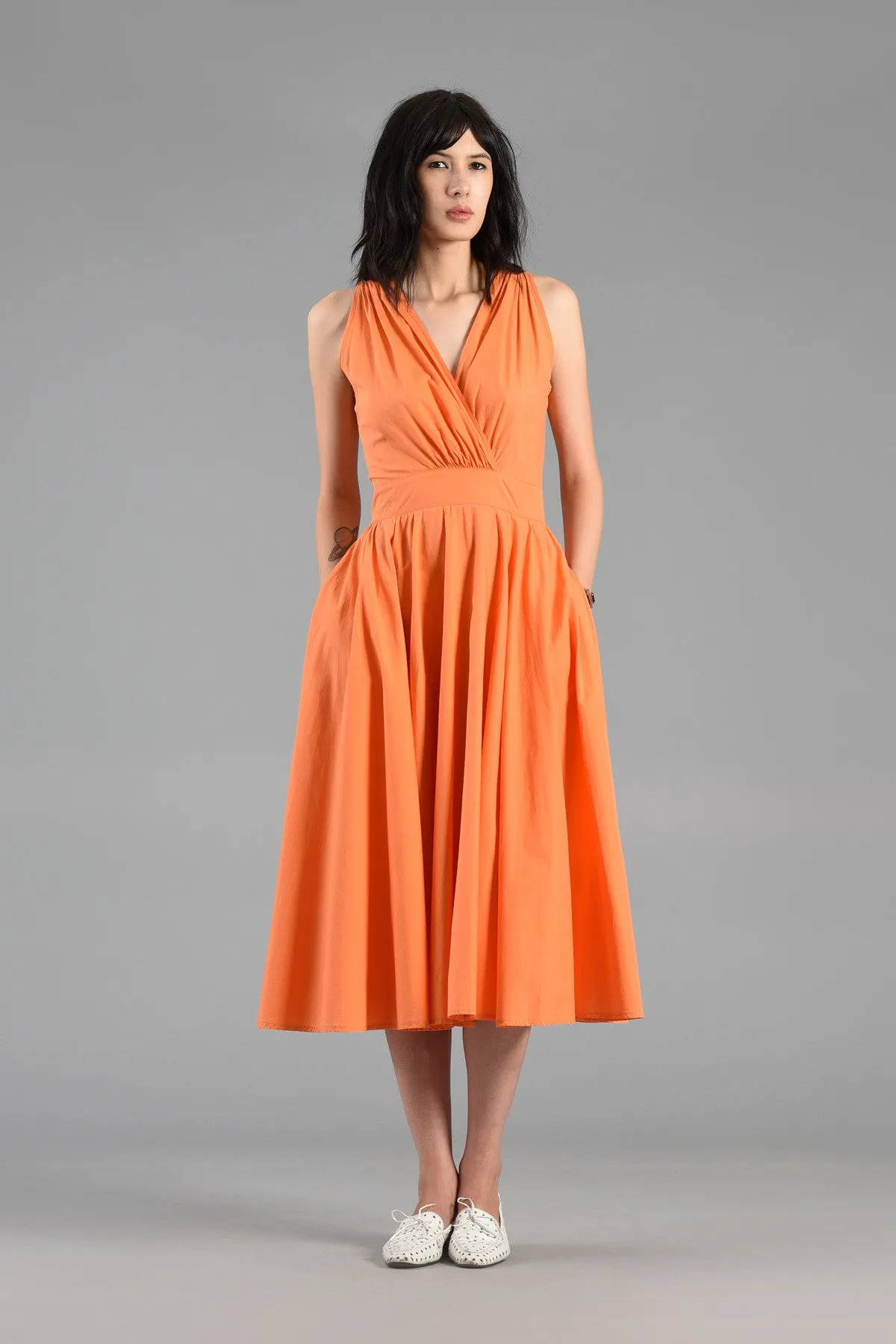 Tangerine Cotton Day Dress with Plunging Button Back