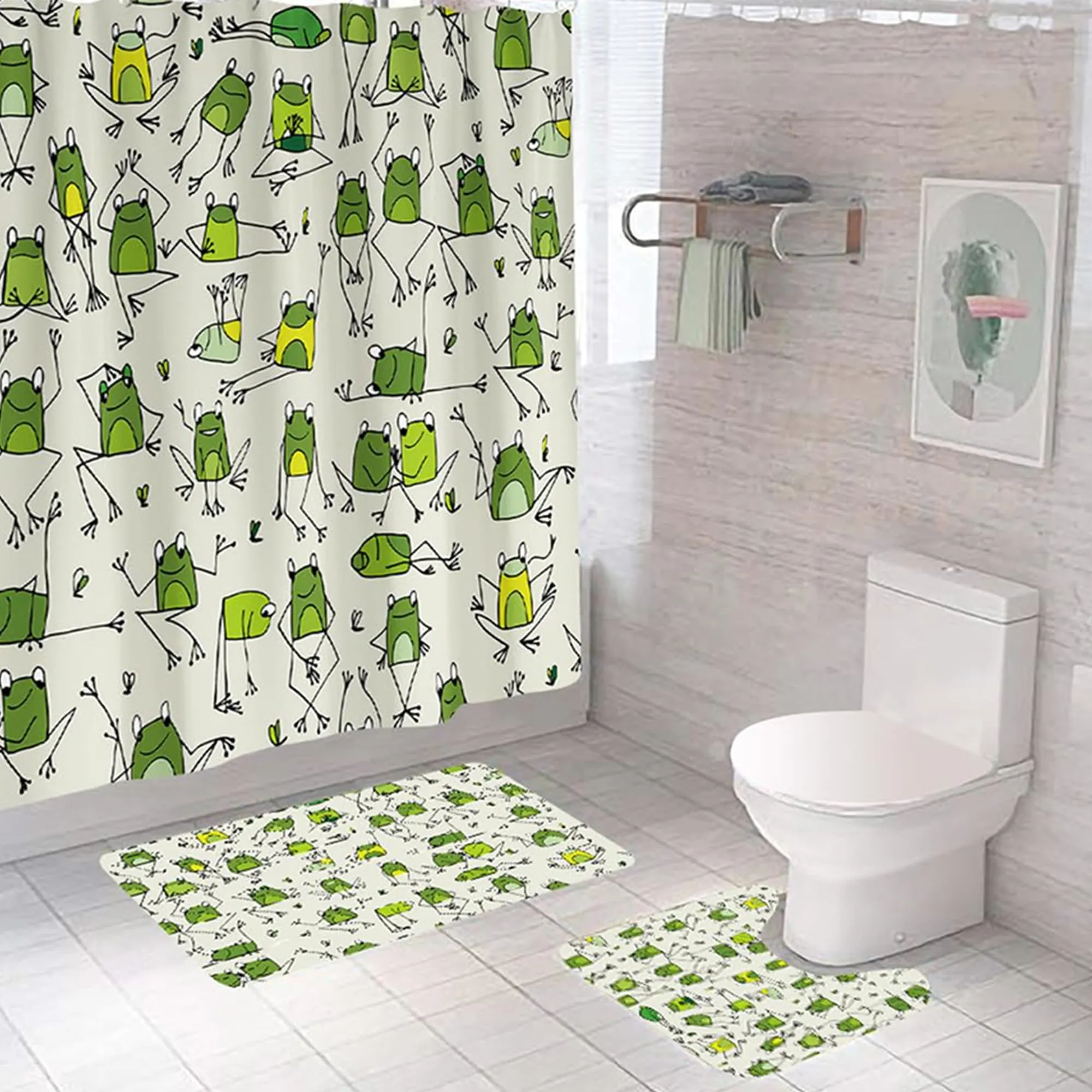 The Better Home Shower Curtain(180*180cm) Bathroom Mat(45*75cm) & U Shaped Mat(45*38cm) | 3Pcs Bathroom Accessories Set | Anti Skid Mat For Bathroom Floor | Water-Poof Polyester Material- Green Frogs
