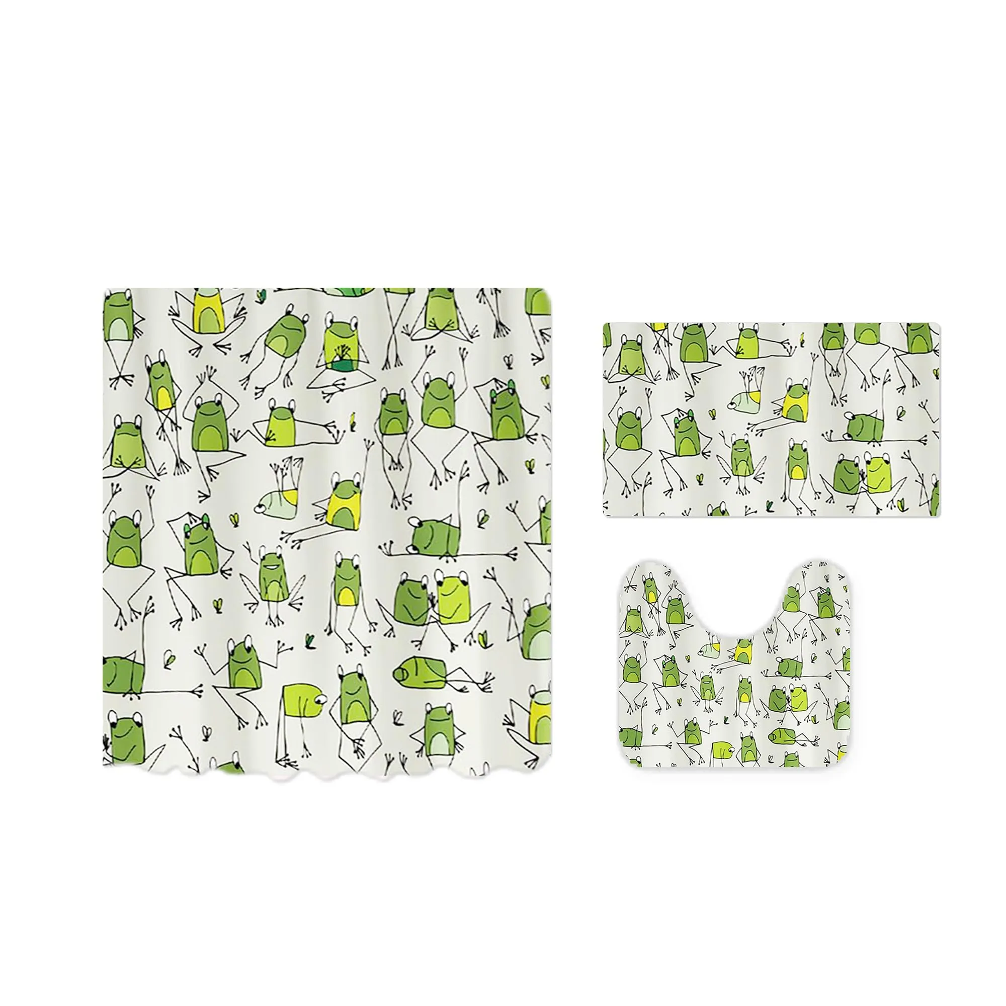 The Better Home Shower Curtain(180*180cm) Bathroom Mat(45*75cm) & U Shaped Mat(45*38cm) | 3Pcs Bathroom Accessories Set | Anti Skid Mat For Bathroom Floor | Water-Poof Polyester Material- Green Frogs