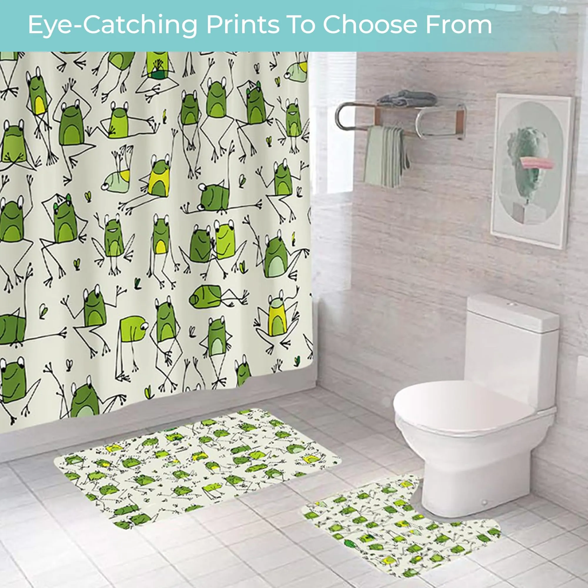 The Better Home Shower Curtain(180*180cm) Bathroom Mat(45*75cm) & U Shaped Mat(45*38cm) | 3Pcs Bathroom Accessories Set | Anti Skid Mat For Bathroom Floor | Water-Poof Polyester Material- Green Frogs