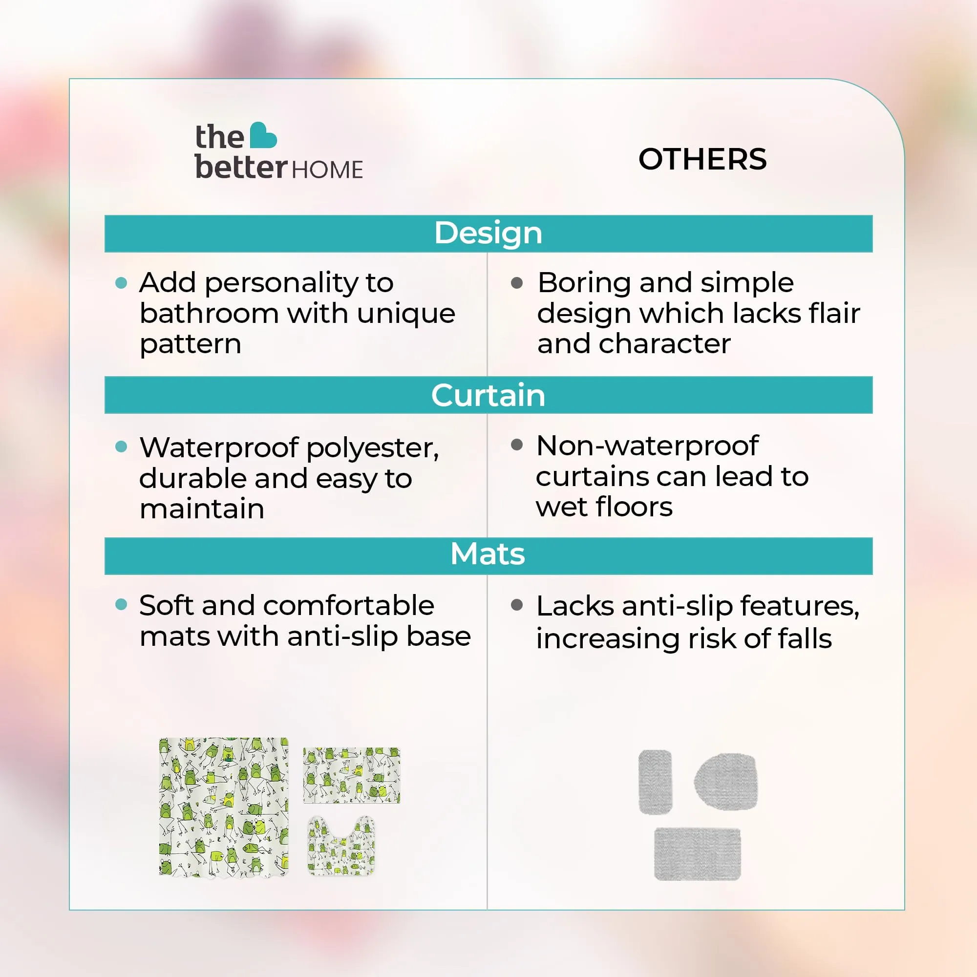 The Better Home Shower Curtain(180*180cm) Bathroom Mat(45*75cm) & U Shaped Mat(45*38cm) | 3Pcs Bathroom Accessories Set | Anti Skid Mat For Bathroom Floor | Water-Poof Polyester Material- Green Frogs