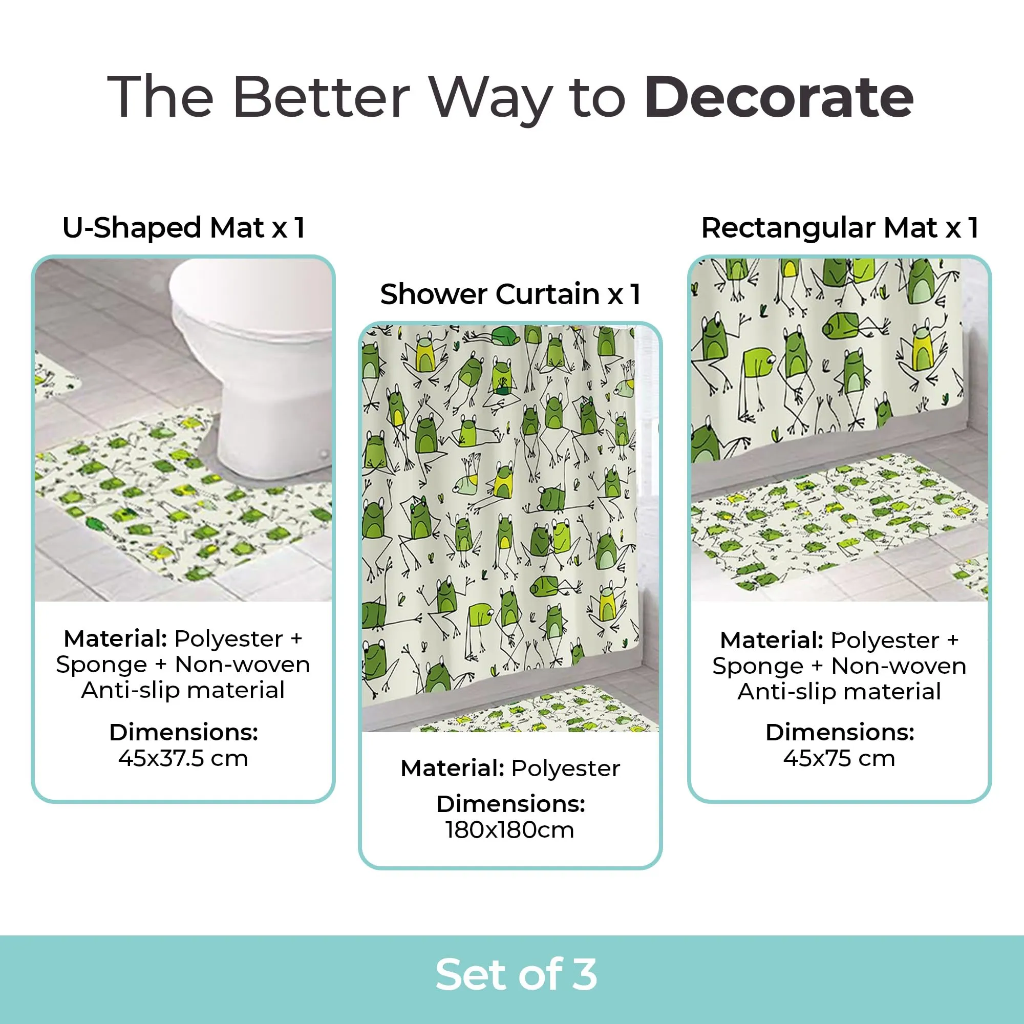 The Better Home Shower Curtain(180*180cm) Bathroom Mat(45*75cm) & U Shaped Mat(45*38cm) | 3Pcs Bathroom Accessories Set | Anti Skid Mat For Bathroom Floor | Water-Poof Polyester Material- Green Frogs