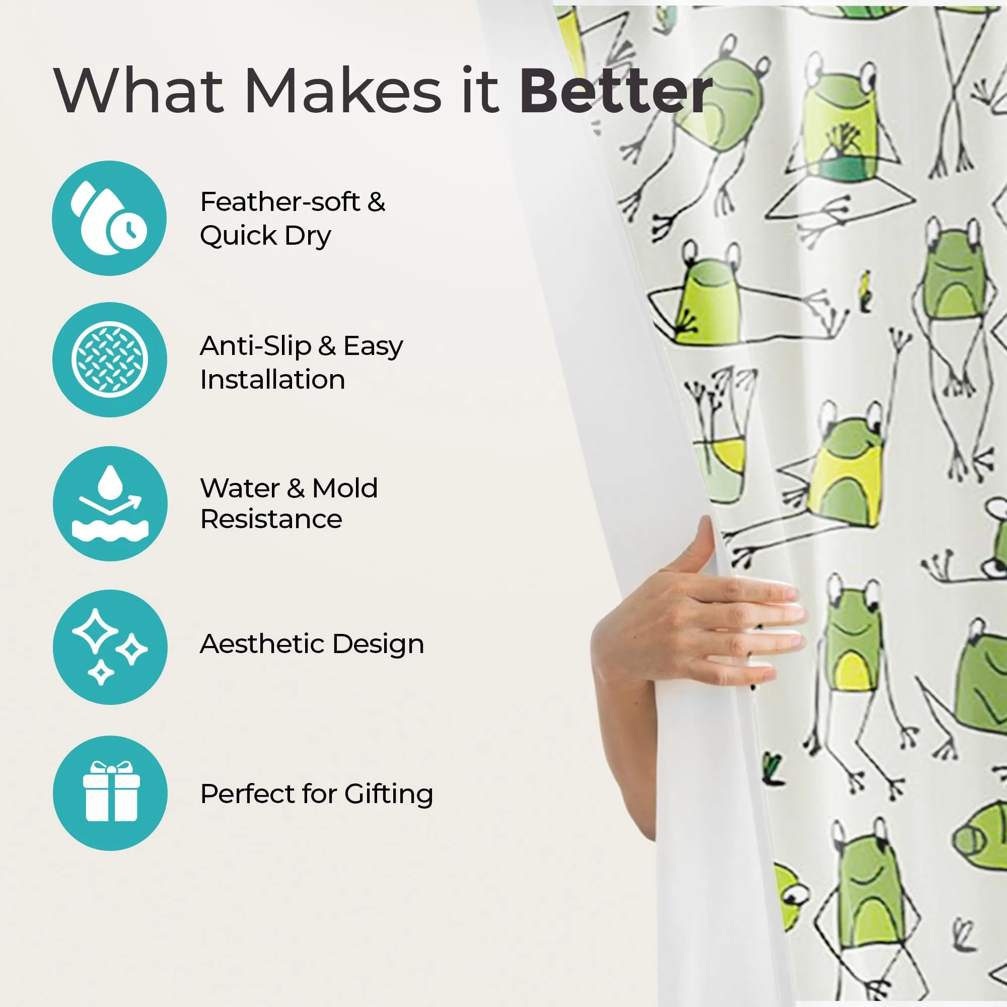 The Better Home Shower Curtain(180*180cm) Bathroom Mat(45*75cm) & U Shaped Mat(45*38cm) | 3Pcs Bathroom Accessories Set | Anti Skid Mat For Bathroom Floor | Water-Poof Polyester Material- Green Frogs