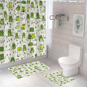 The Better Home Shower Curtain(180*180cm) Bathroom Mat(45*75cm) & U Shaped Mat(45*38cm) | 3Pcs Bathroom Accessories Set | Anti Skid Mat For Bathroom Floor | Water-Poof Polyester Material- Green Frogs