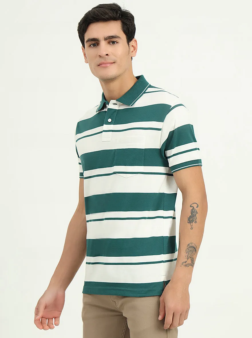 White & Bottle Green Striped Slim Fit Polo T-Shirt | Greenfibre