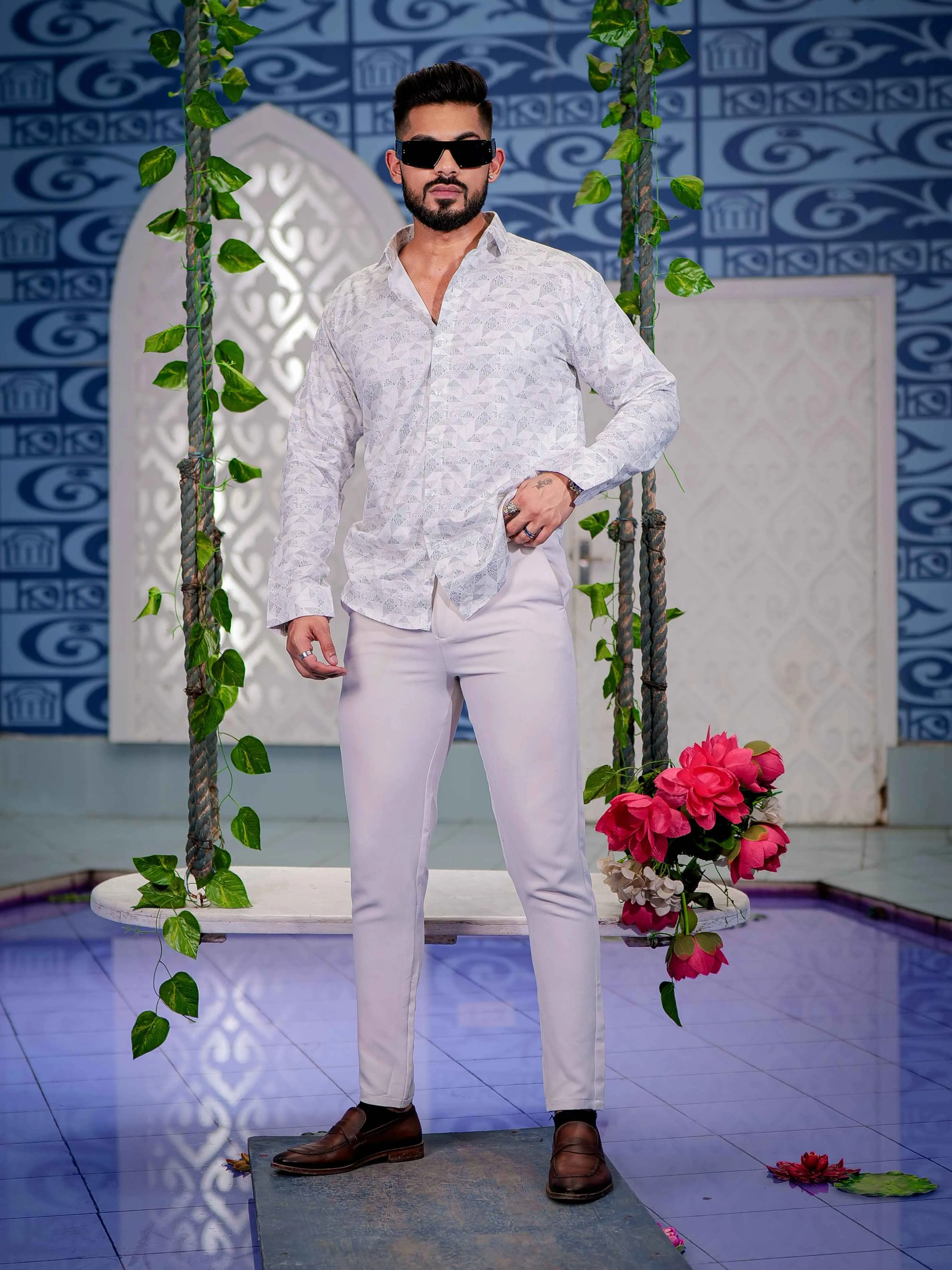 White Satin Print Premium Shirt