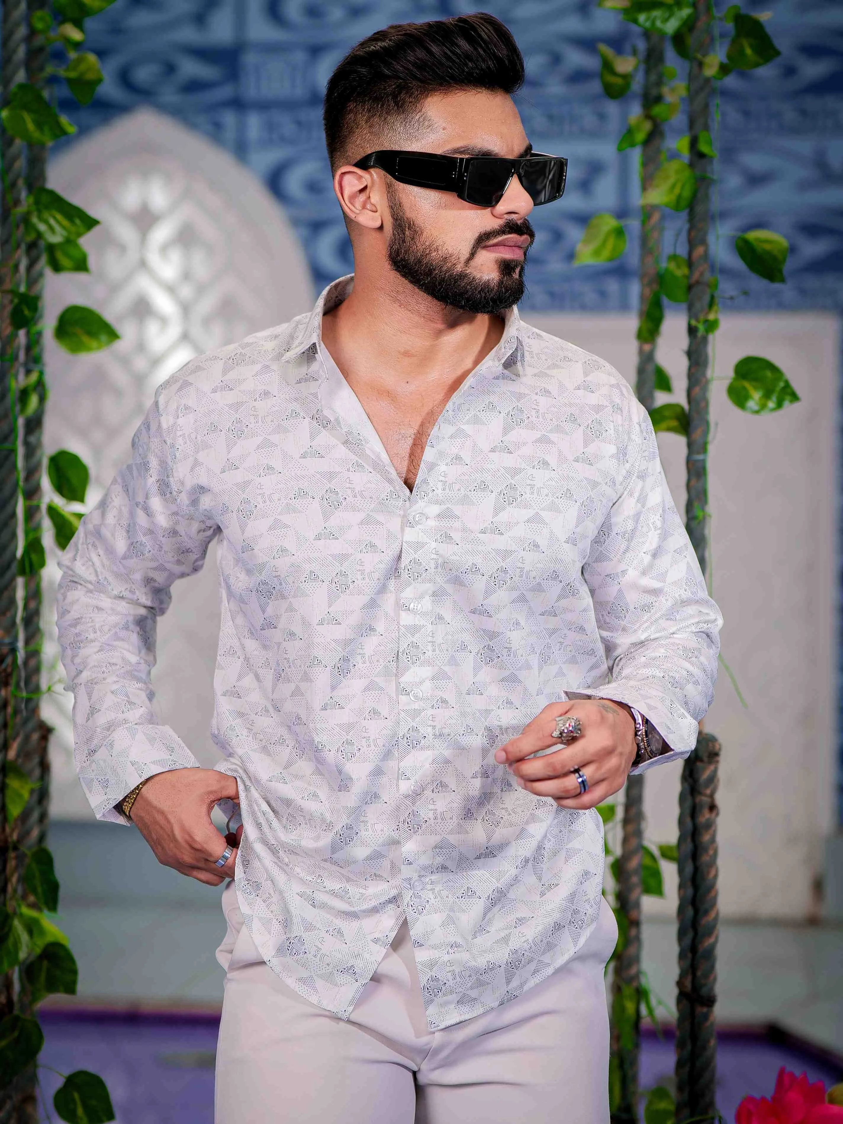 White Satin Print Premium Shirt