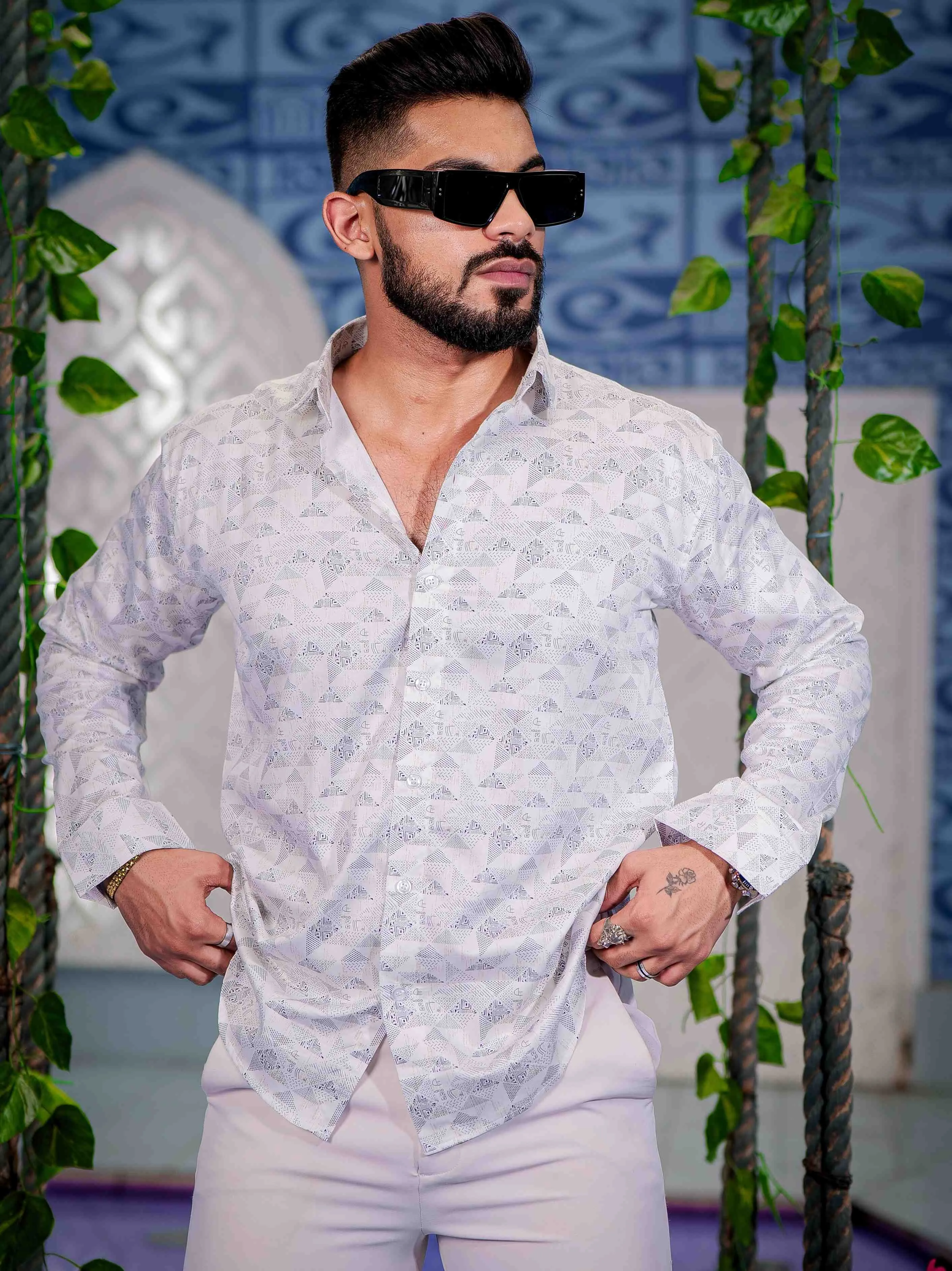 White Satin Print Premium Shirt