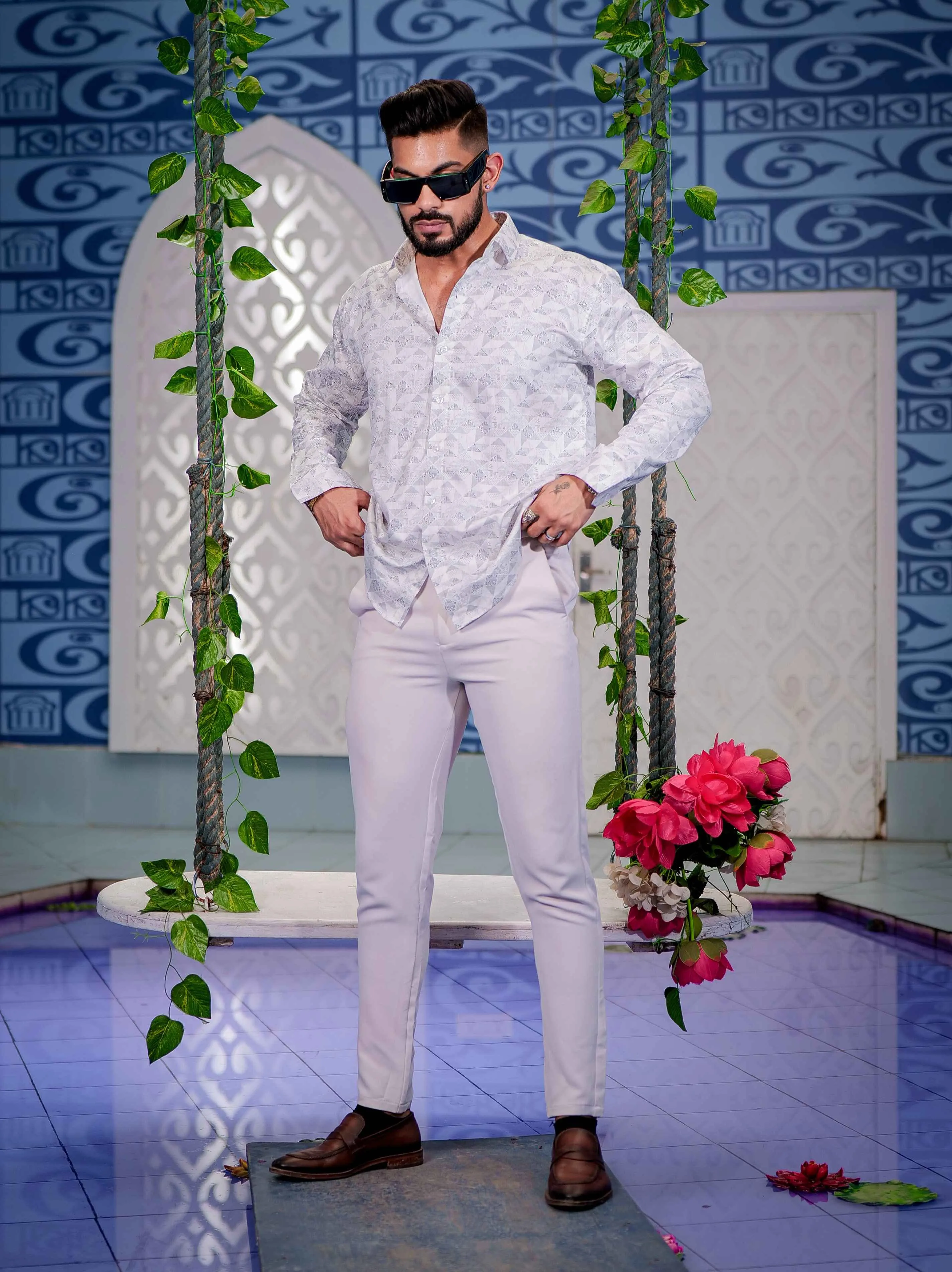 White Satin Print Premium Shirt