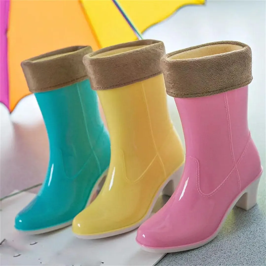 Women High Heels Rain Boots Waterproof Mid-Calf Rubber Shoes Girls Non-Slip Galoshes