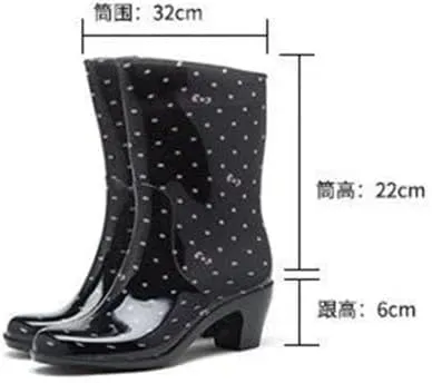 Women High Heels Rain Boots Waterproof Mid-Calf Rubber Shoes Girls Non-Slip Galoshes