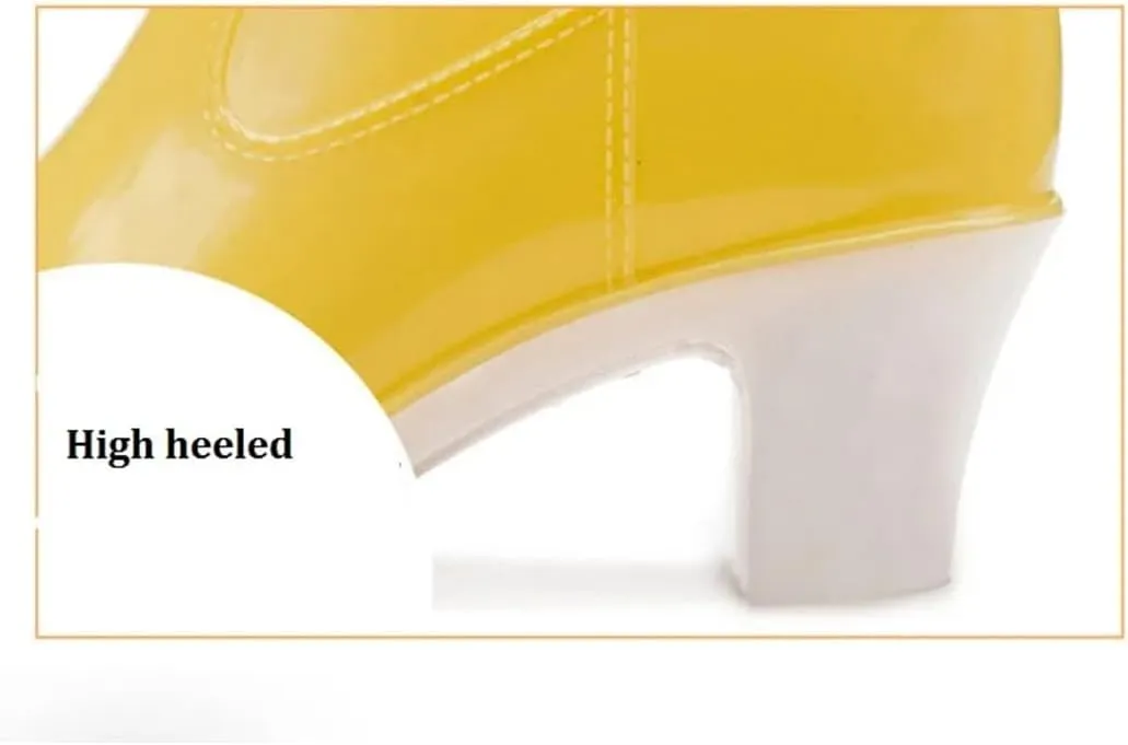 Women High Heels Rain Boots Waterproof Mid-Calf Rubber Shoes Girls Non-Slip Galoshes