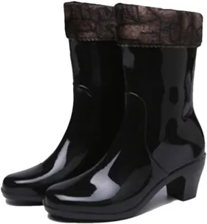 Women High Heels Rain Boots Waterproof Mid-Calf Rubber Shoes Girls Non-Slip Galoshes