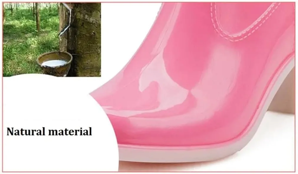 Women High Heels Rain Boots Waterproof Mid-Calf Rubber Shoes Girls Non-Slip Galoshes