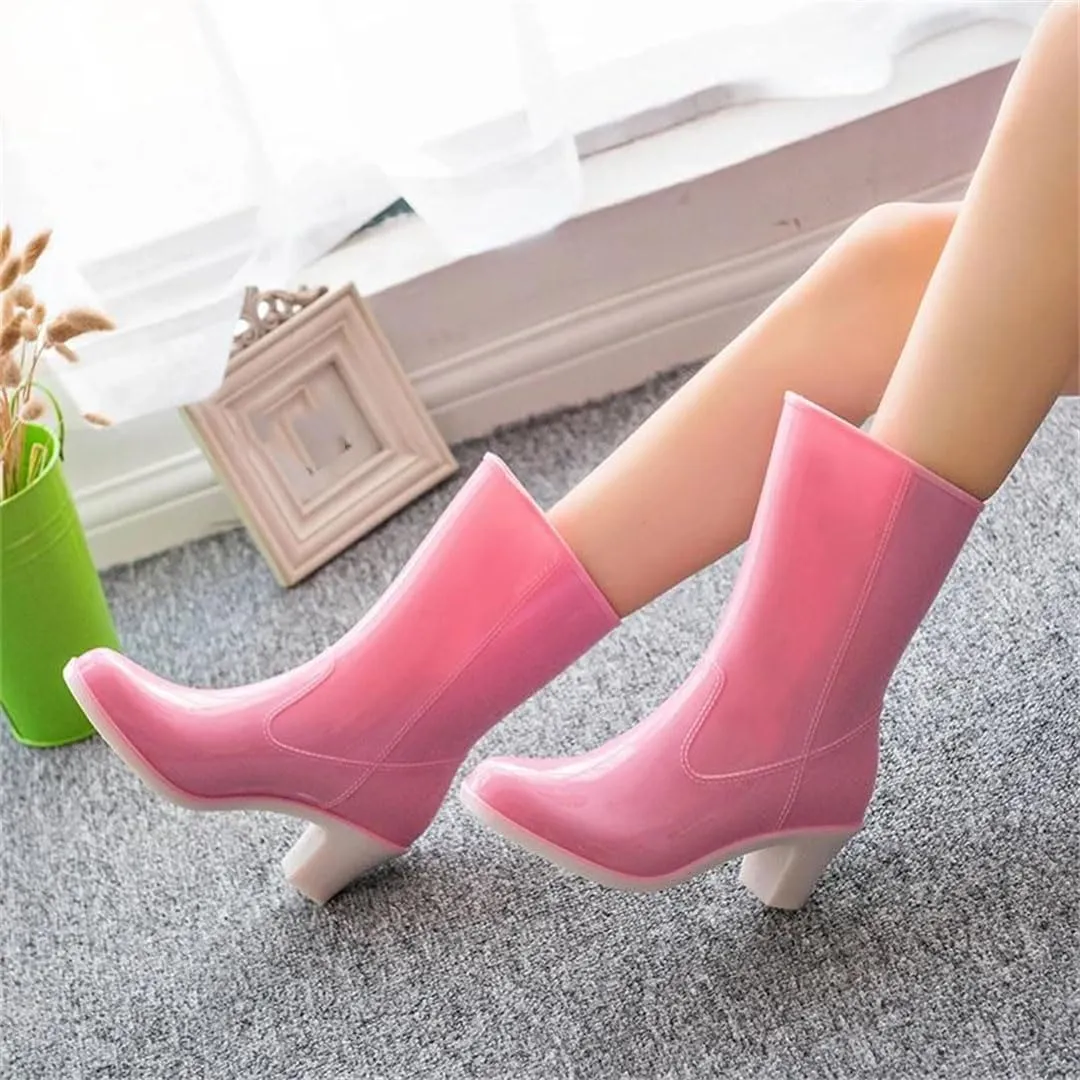 Women High Heels Rain Boots Waterproof Mid-Calf Rubber Shoes Girls Non-Slip Galoshes