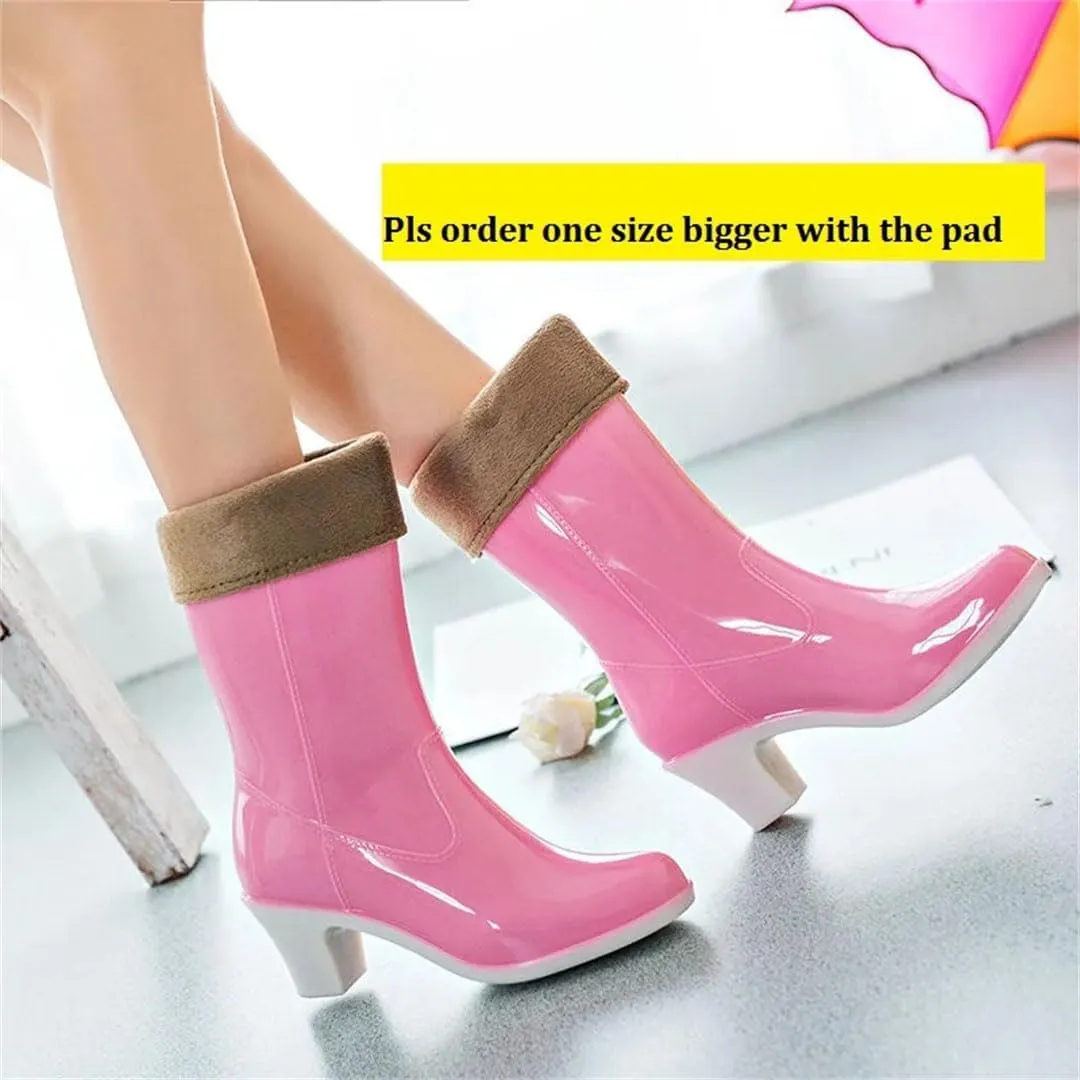 Women High Heels Rain Boots Waterproof Mid-Calf Rubber Shoes Girls Non-Slip Galoshes