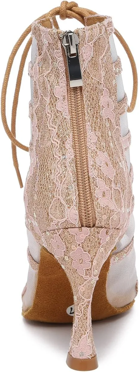 Women's Latin Dance Shoes Mesh Lace up Ankle Dance Booties Peep Toe Dance Heels