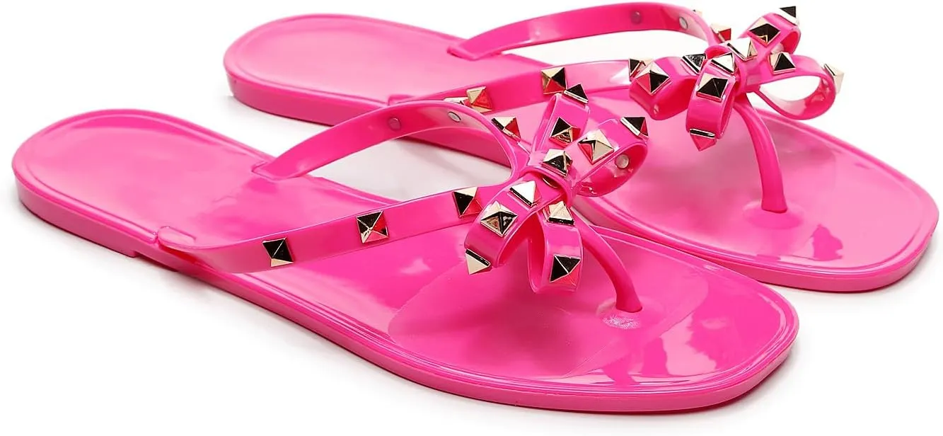 Womens Studded Sandals Flat Jelly Shoes Bow Flip Flops Thong for Ladies Black Size 7 Stud Slip On Summer Beach Rivets Dressy Slides