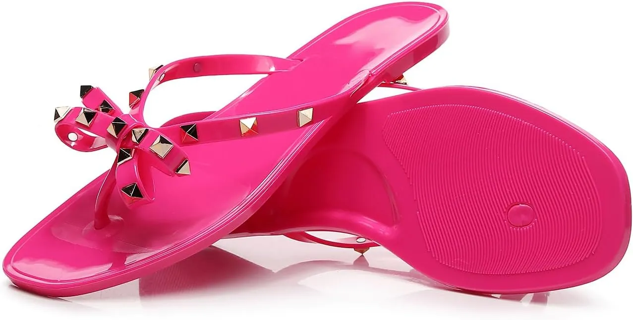 Womens Studded Sandals Flat Jelly Shoes Bow Flip Flops Thong for Ladies Black Size 7 Stud Slip On Summer Beach Rivets Dressy Slides