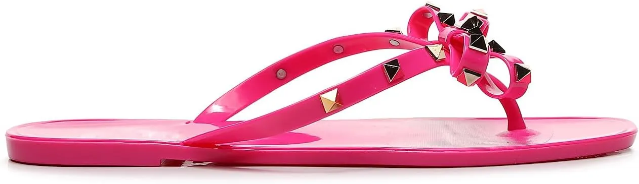 Womens Studded Sandals Flat Jelly Shoes Bow Flip Flops Thong for Ladies Black Size 7 Stud Slip On Summer Beach Rivets Dressy Slides